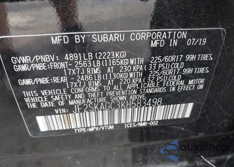 2019 Subaru Forester Premium z USA, uszkodzony, nr VIN JF2SKAGC3KH583498
